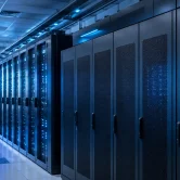 Server racks and UPS cabinets in a Doha data centre showing N+1 redundant power infrastructure