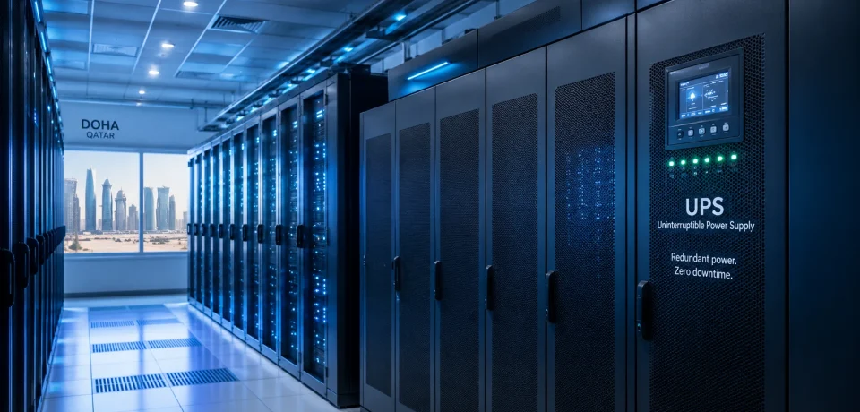 Server racks and UPS cabinets in a Doha data centre showing N+1 redundant power infrastructure