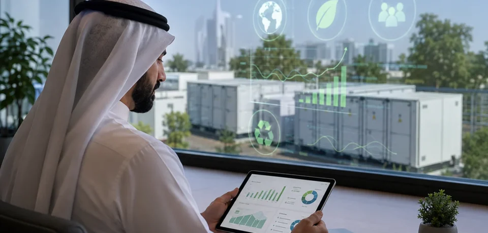 Business professional reviewing ESG and sustainability data with battery storage facility in background