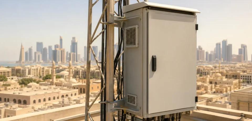 Telecom tower rooftop cabinet in Qatar heat, showing need for outdoor-rated battery systems